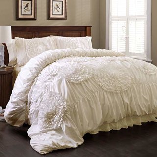 Lush Decor Serena Comforter Ivory Ruched Flower 3 Piece Set, Full/Queen