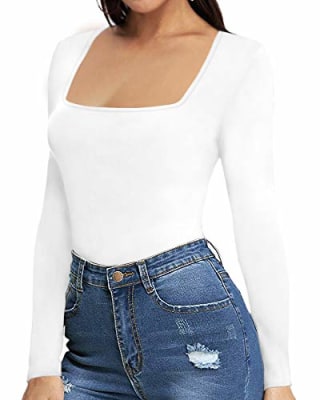 MANGOPOP Women's Square Neck Short Sleeve Long Sleeve Tops Bodysuit Jumpsuit (B Long Sleeve White, Small)