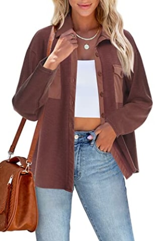 Yanekop Womens Waffle Knit Shacket Boyfriend Shirt Jacket Button Down Blouse Long Sleeve Tops with Pockets(01 Burnt Orange,S)