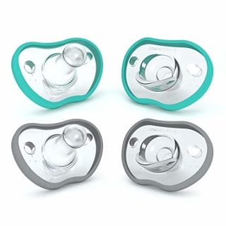 Nanobebe Baby Pacifiers 0-3 Month - Orthodontic, Curves Comfortably with Face Contour, Award Winning for Breastfeeding Babies, 100% Silicone - BPA Free. Baby Registry Gift 4pk,Teal/Grey