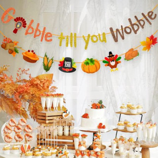 Gobble Till You Wobble Banner - Happy Thanksgiving Banner Gold Glitter Funny Friendsgiving Decorations with Pumpkin Turkey Garland for Happy Turkey Day Party Fall Harvest Decor