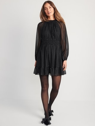 Waist-Defined Metallic Swiss Dot Smocked Mini Dress
