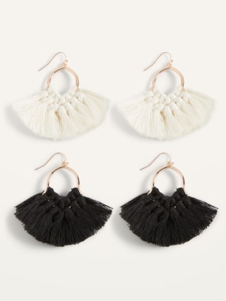 Gold-Toned Macram? Tassel Hoop Earrings 2-Pack