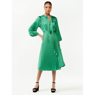 Scoop Women's Blouson Sleeve Belted Waist Pleated Oversized Midi Dress