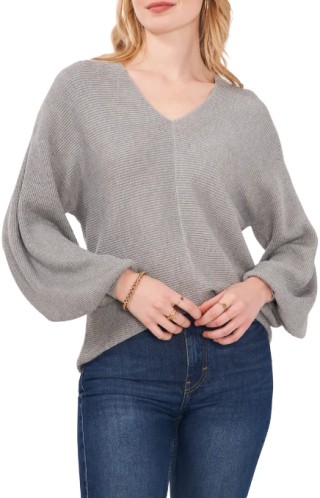Ribbed Balloon Sleeve Cotton Blend Sweater