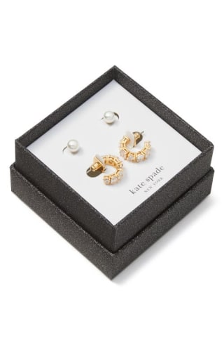 kate spade new york you're a gem stud & huggie hoop earrings gift set in Clear/Gold at Nordstrom