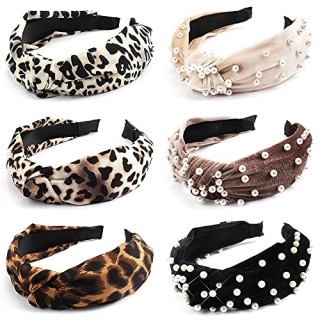 TOBATOBA 6 Pack Women Headbands Wide Knot Dot Hairbands Turban Headbands for Women, Include 3 Pcs Leopard Headbands and 3 Pcs Velvet Knot Faux Pearl Headband Bandana, Christmas Gifts for Women Girls