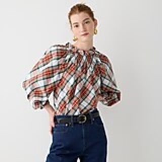 Smocked-neck cotton poplin top in Snowy Stewart tartan