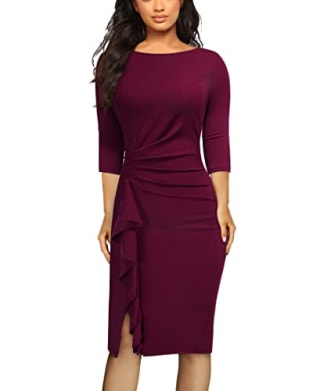 AISIZE Women's Retro 3/4 Sleeve Ruched Elegant Business Pencil Sheath Dress Medium Burgundy