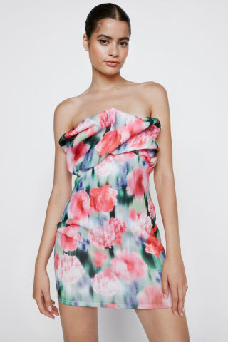 Blurred Floral Print Bandeau Ruffle Mini Dress by Nasty Gal