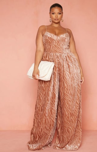 Plus Mocha Devore Cup Detail Wide-Leg Pantsuit