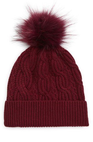 Nordstrom Wool & Recycled Cashmere Faux Fur Pom Beanie in Burgundy at Nordstrom