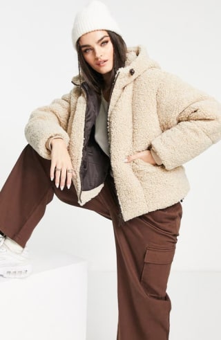 Topshop Hooded High Pile Fleece Jacket in Cream at Nordstrom, Size 2 Us
