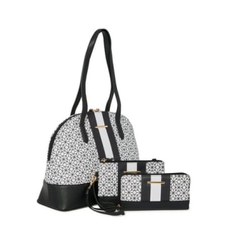 Time and Tru Women's 3 in 1 Satchel Bag 3-Piece Set Black Geometric
