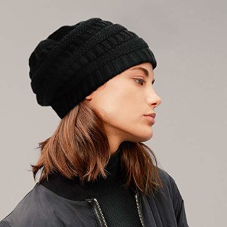 Winter Knit Beanie for Women Satin Lined Cable Thick Chunky Cap Mens Soft Slouchy Warm Hat Black