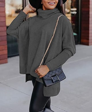 MOJJY Women's Turtleneck Long Batwing Sleeve Side Slit Casual Loose Knitted Pullover Sweater Knit Tops (M8008Green, XS)