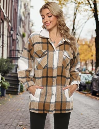 Gihuo Women's Casual Flannel Plaid Shacket Jacket Loose Button Down Shirt Jacket(Black-L)