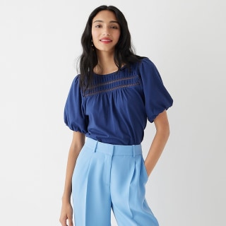 Lace-trim puff-sleeve T-shirt