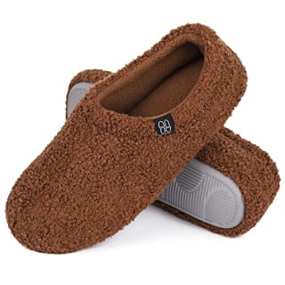 HomeTop Women's Fuzzy Curly Fur Memory Foam Loafer Slippers Bedroom House Shoes with Polar Fleece Lining (7-8, Brown)