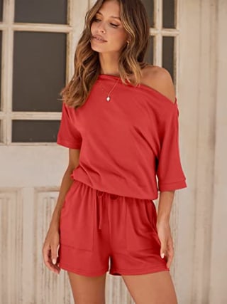 ANRABESS Women's 2023 Summer Casual Short Sleeve Off Shoulder One Piece Romper Travel Vacation Short Jumpsuits 899taohong-S