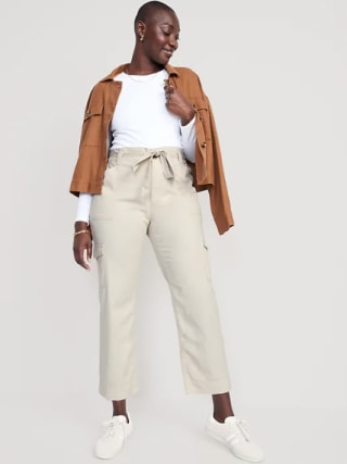 High-Waisted Tie-Belt Cargo Straight Workwear Ankle Pants