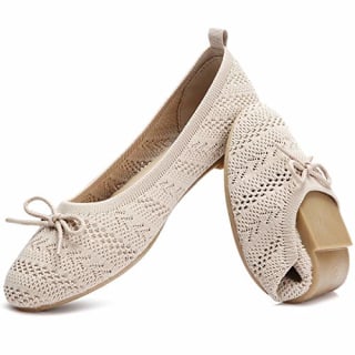 HEAWISH Women's Flats Shoes Comfortable Black Beige Flats Crochet Lace Mesh Round Toe Slip On Casual Ballet Flats Dress Shoes(Beige, US10)