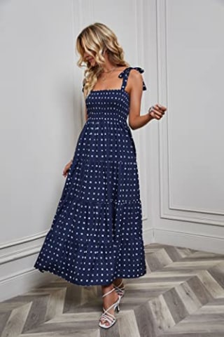 kinstell Women's Summer Boho Spaghetti Strap Square Neck Ruffle Casual Flowy Long Dress Beach Swing Party Maxi Dress Dark Blue