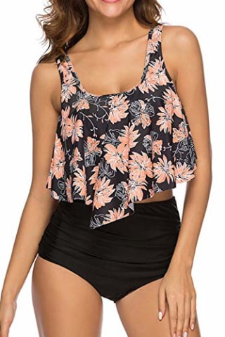 Women High Waisted Swimsuit Flounce Swimwear Racerback Vintage Two Piece Bikini(Black Flower,S)