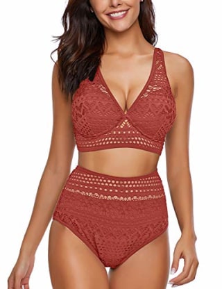 luvamia Women's Two Pieces Crochet Lace High Waist V Neck Bikini Set Swimsuit Coral Size Small (Fits US 4-6)