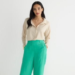 Relaxed long-sleeve stretch linen-blend polo shirt