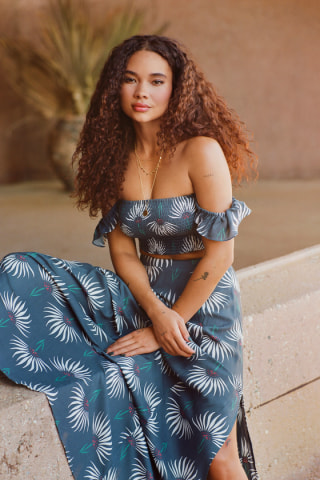 Lulus | Trancoso Dusty Blue Floral Print Two-Piece Maxi Dress | Size Large | 100% Rayon