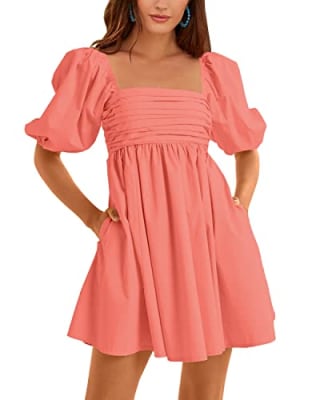 Ebifin Womens Square Neck Dresses Half Puff Sleeve High Waist A-Line Casual Backless Smocked Short Babydoll Mini Dress