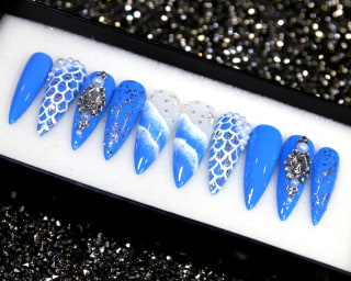 Beach Walk Luxury Fake Nails | Blue Summer Press on Nails | Beach Long Coffin Glue On Nails | Glitter Nails V61