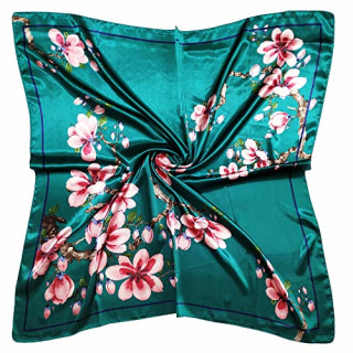 vabovin 35" Fashion Neckerchief Women's Silk Like Big Satin Square Hair Scarf Accessory (Blue Green Flowers)