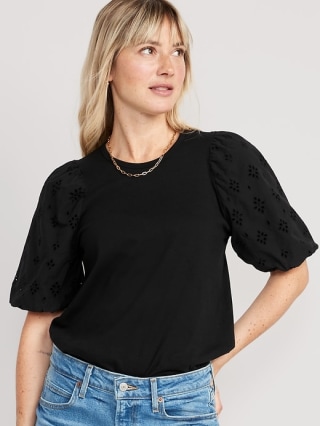Puff-Sleeve Cutwork Top for Women