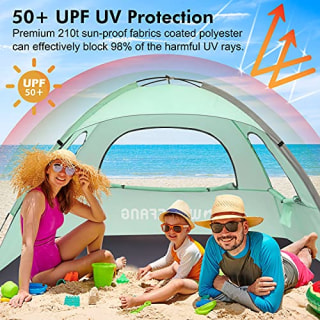WhiteFang Beach Tent Anti-UV Portable Sun Shade Shelter for 3 Person, Extendable Floor with 3 Ventilating Mesh Windows Plus Carrying Bag, Stakes and Guy Lines (Mint Green)