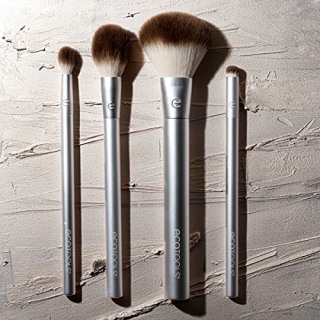 EcoTools Precious Metals Cheek & Eye Highlight Makeup Brush Kit, for Eyeshadow, Blush, & Powder Products, Eco Friendly, Cruelty Free Face Brushes, Recycled Aluminum, Chrome, 4 Piece Set