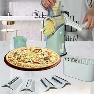 VEKAYA 5 in 1 Rotary Cheese Grater with Handle [5 Interchangeable Stainless Steel Blades] Cheese Shredder Food Vegetable Grader Hand Crank Grater for Kitchen Gift with Bonus Storage Box for Blades