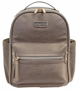 Itzy Ritzy Mini Diaper Bag Backpack - Chic Mini Diaper Bag Backpack with Vegan Leather Changing Pad, 8 Total Pockets (4 Internal and 4 External), Grab-Top Handle and Rubber Feet, Taupe