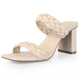 Leevar Braided Sandals for Women - Stylish Square Toe Braided Heels for Women - Tan Womens Braided Block Heel Sandals - 3 inches Woven Chunky Heels, Nude Nubuck, Size 8