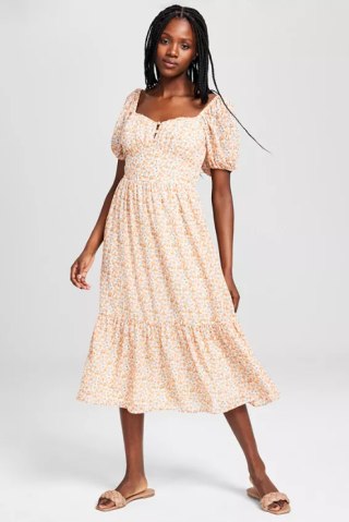 Printed Puff-Sleeve Midi Dress