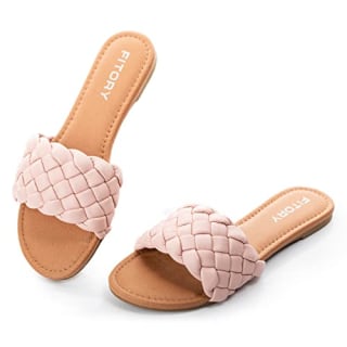 FITORY Womens Flat Sandals Fashion Round Open Toe Slip On Slides with Braided Strap Slippers for Summer Size 7 Light Pink