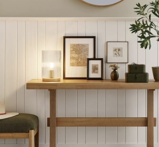 Ribbed Glass Cylindrical Accent Lamp with Wood Base