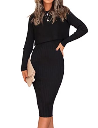 Ezbelle Women's Ribbed Long Sleeve Sweater Dress Crew Neck Crop Tops Knitted Slim Fit Tank Midi Dress 2 Piece Outfits Sets Black Medium