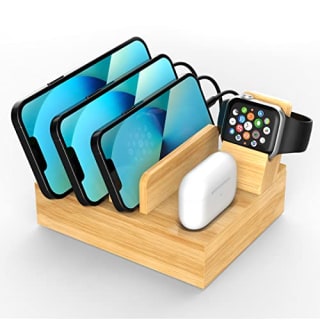 Bamboo Charging Station for Apple Devices, Alltripal 5 in 1 USB Charging Stand with Built-in Charging Port for AirPods & iWatch Holder, Docking Station Organizer for Phone/Tablet with Power Supply