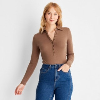 Women's Long Sleeve Henley Collared Button-Front Bodysuit - Future Collective(TM) with Reese Blutstein