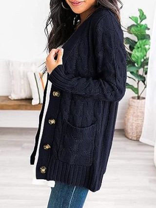 PRETTYGARDEN Women's Long Sleeve Open Front Knitted Cardigan Sweater Button Down Chunky Outwear Coat with Pockets Green