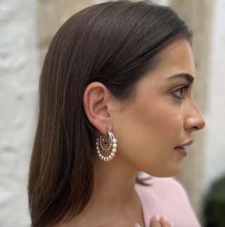 Pink and White Beaded Triple Hoop Earrings