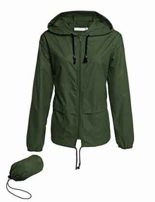 Lightweight Raincoat Women's Waterproof Windbreaker Packable Outdoor Hooded Rain Jacket Dark Green S