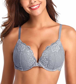 Deyllo Women's Push Up Lace Bra Comfort Padded Underwire Bra Lift Up Add One Cup(Grey,32DD